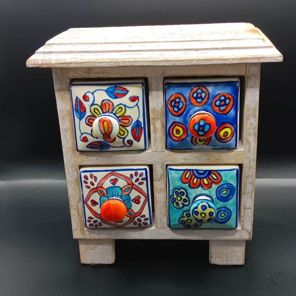 Boho Hand Painted Ceramic 4 Drawer Spice Chest Mini Wooden Jewelry Organizer